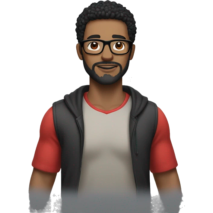 man with mixed skin color, black hair, very light beard, black bone glasses and sporty clothes with a heart in his hands emoji