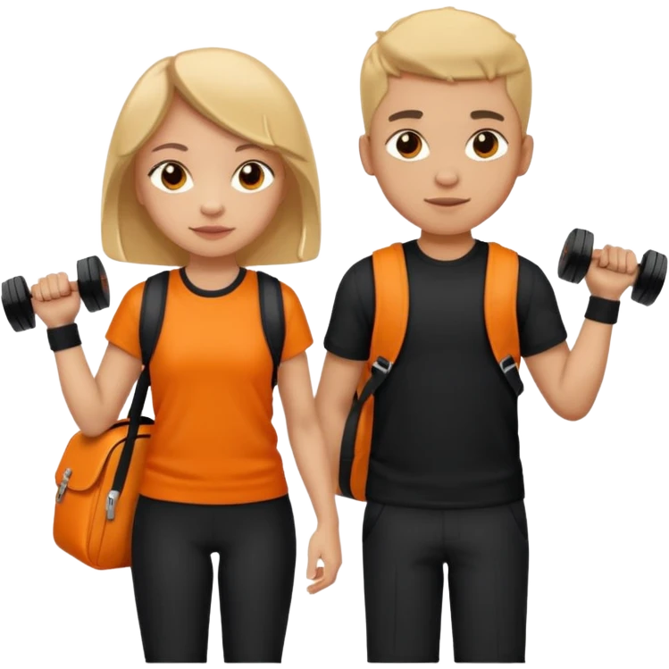 light skin students girl and boy with school bag full of books on back and dumbell in hand. Clothes are in black and orange colours  emoji
