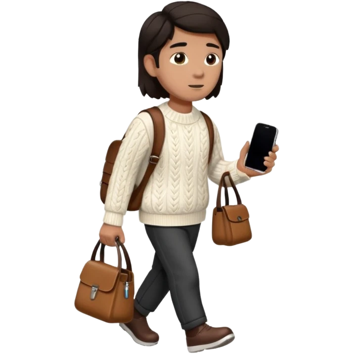 걷고 있는 사람
옷은 겨울에 어울리는 니트와 하의를 입었고 숄더백을 매었다.
머리카락 색깔은 어두운 갈색, 풀은 긴머리를 하고 있다 
귀에는 애플의 에어팟이 착용되어 있다 emoji