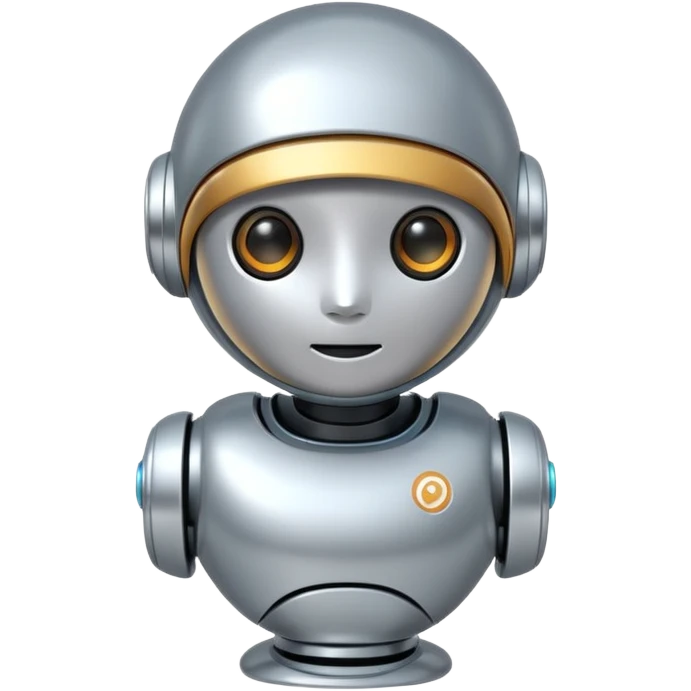 A cute futuristic robot emoji made of silver chrome, rounded friendly body, minimal facial features, glossy metallic surface, soft reflections, iOS emoji style, centered, clean white background emoji