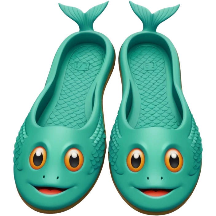 slightly green rubber pool slippers with carp eyes on the top and fish tail in the back emoji