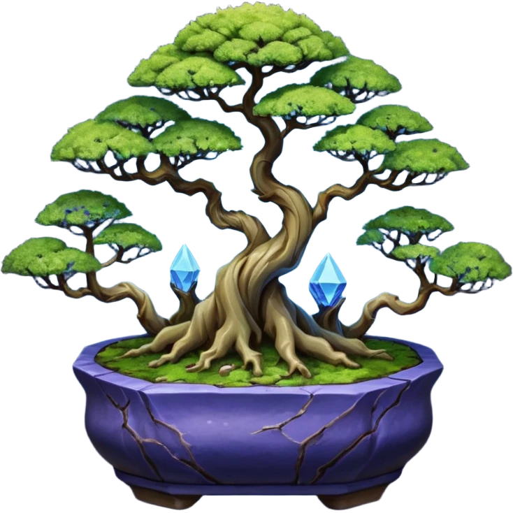 Cracked Futuristic wild glowing space alien moss maples shohin Bonsai hair-pine-leaf group multi faceted intricate hobbit-inspired boxwood purple blue informal rocky cliffhanger eight trees forest planting in shallow willow slab style pot with big animal-like feet  emoji