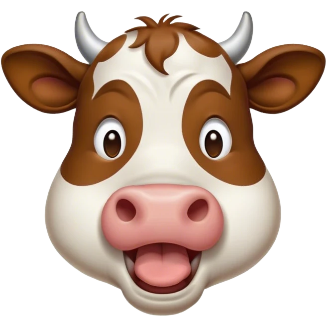 Cinematic Cute Yawning Brown and White Cow Portrait Emoji, Head tilted slightly with a dramatic, wide-open yawn, showcasing a smooth, patterned hide of brown and white, floppy ears slightly drooping, round brown eyes barely open in drowsy contentment, Simplified yet irresistibly adorable features, highly detailed, glowing with a soft, cozy glow, high shine, relaxed yet expressive, stylized with a touch of pastoral whimsy, bright and endearing, soft glowing outline, capturing the essence of a sleepy yet affectionate cow, so drowsy it feels like it could amble out of the screen and curl up for a nap! emoji