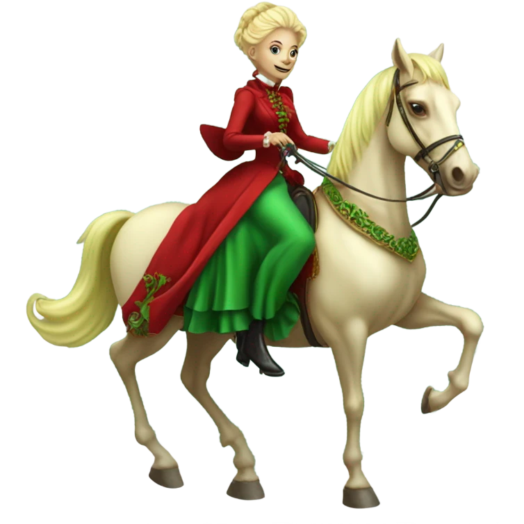 "green blonde alien woman" in red Victorian elegant dress, full body, rides "horse gold and white"
 emoji