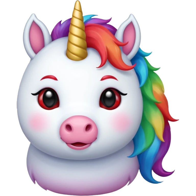 Small chubby unicorn in colour jade, black and red eyes, faring rainbow emoji
