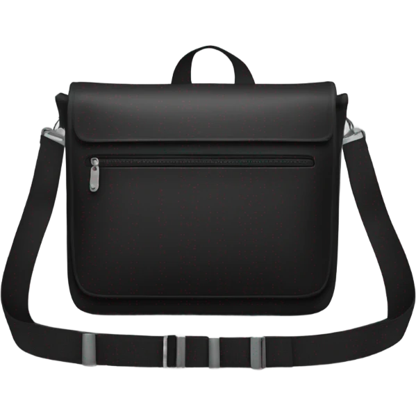 Black men’s messenger bag emoji, minimalist style, simple rectangular shape, adjustable strap, no details or logos, transparent background. emoji