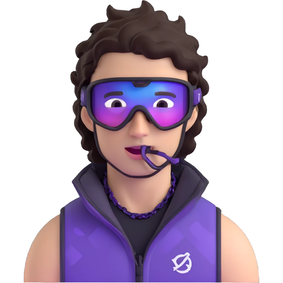 close-up of cool guy male athlete with white skin and moderately curly dark brown hair on top with shaved sides, with one purple ski goggle lens pushed up above his eyes on his forehead, sticking his tongue out of his mouth, a simple plain black chain necklace, and a completely unzipped sleeveless vest with purple and black sequin fire pattern design with no logo emoji