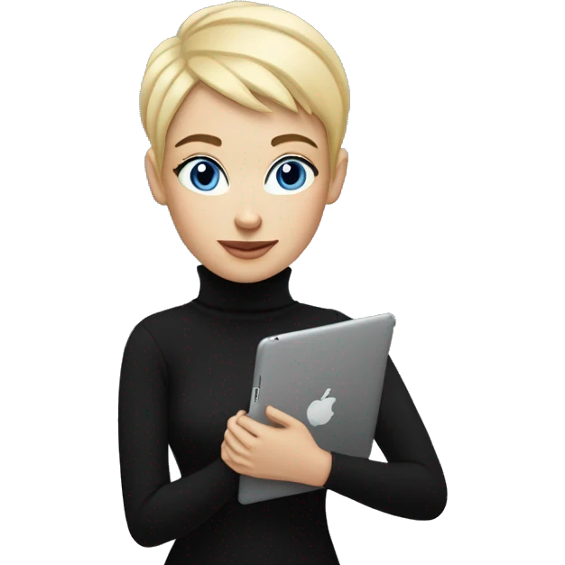 women with blond pixie cut, blue eyes wearing black turtleneck, holding and ipad emoji