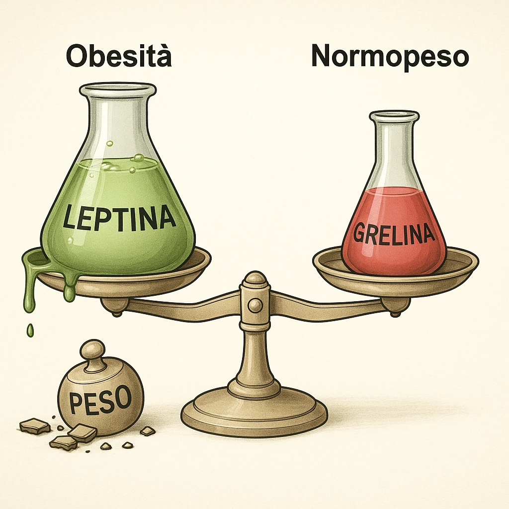 Illustrazione clinica in italiano: bilancia con leptina (verde) e grelina (rossa). Lato obeso: etichetta 'Obesità', leptina che straborda, bilancia ferma, pesi di leptina etichettati 'Peso' rotti sul pavimento. Lato normopeso: etichetta 'Normopeso', bilancia in equilibrio, grelina normale. Tutte le scritte interne sono in italiano. Stile endocrinologico, 4K. Style: endocrinologico, clinical illustration, detailed. emoji