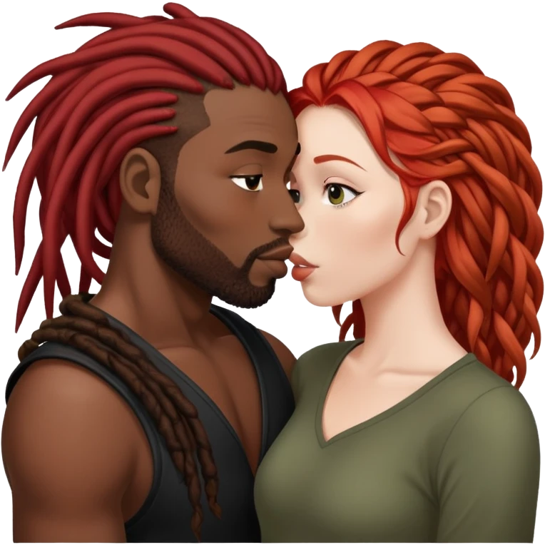 Mulher de cabelos ruivos e pele branca. O homem tem dreads nos cabelos e é negro. Ambos se beijando.  emoji