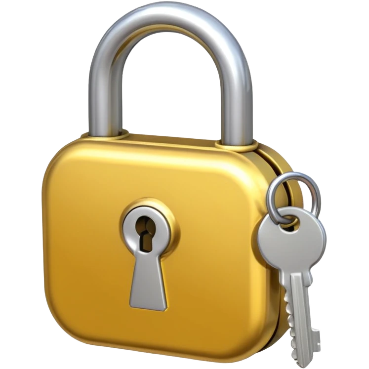 A shiny golden closed padlock with a silver key inserted into the keyhole, centered on a plain background. The lock is smooth and rounded, emoji-like style with clean lines emoji