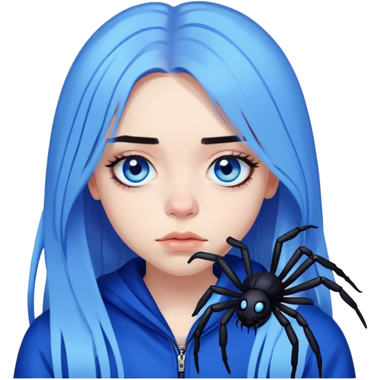 billie eilish, blue eyes, long black hair, dark eyeliner makeup, holding blue spider emoji