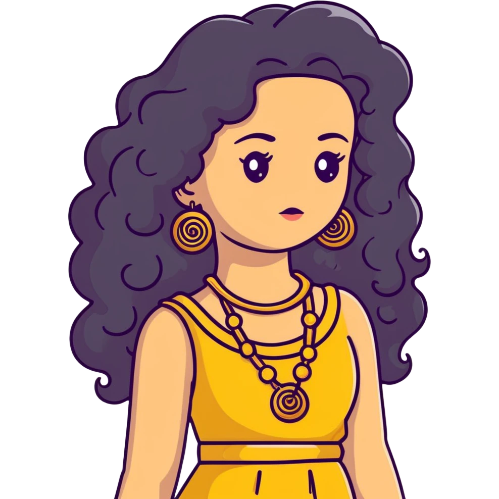 pretty Greek girl with big puffy long curly hair, gold statement earrings and necklace, cute modern dress emoji