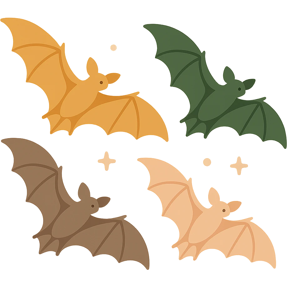 A group of flying bats in mid-air, illustrated in a stylized, artistic way using a warm, earthy color palette: golden orange (FA9B41), deep forest green (4A7C5C), muted taupe brown (96775A), and soft pastel peach (FFCC9A). The bats have sleek wings with subtle color gradients, and their bodies are small and streamlined, featuring elegant silhouettes. The sky around them has a magical, twilight glow with faint sparkles or mist, enhancing the enchanted atmosphere. The overall style is whimsical and soft, with a balance between natural and fantastical elements. emoji