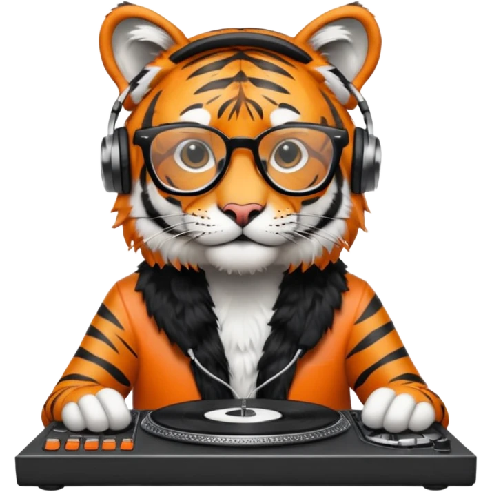 hipster tiger djing on two vinyl turntables emoji