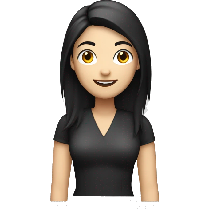 woman editor with smile, white skin, black straight hair, right hand up emoji