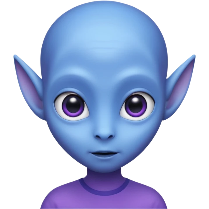 Portrait of an cute alien with smooth purple-blue skin, large black oval eyes, small nose, and visible ears, elongated head, front-facing, wearing blue t-shirt, soft glow, simple futuristic design emoji