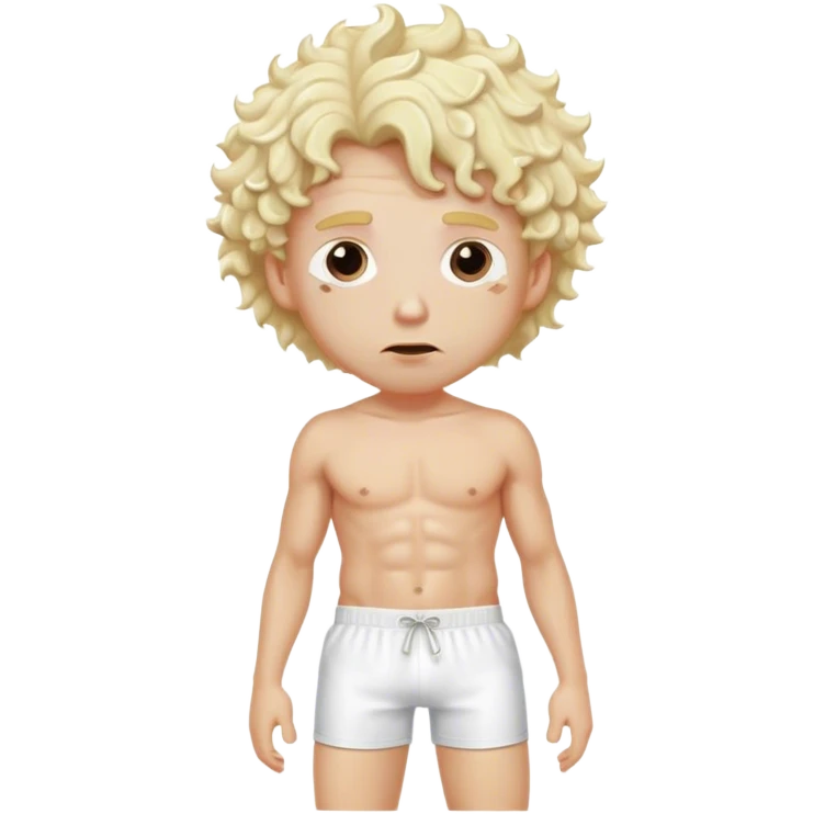 hot handsome blond Man in white swimming shorts with cream curly hairs with boring expration  emoji