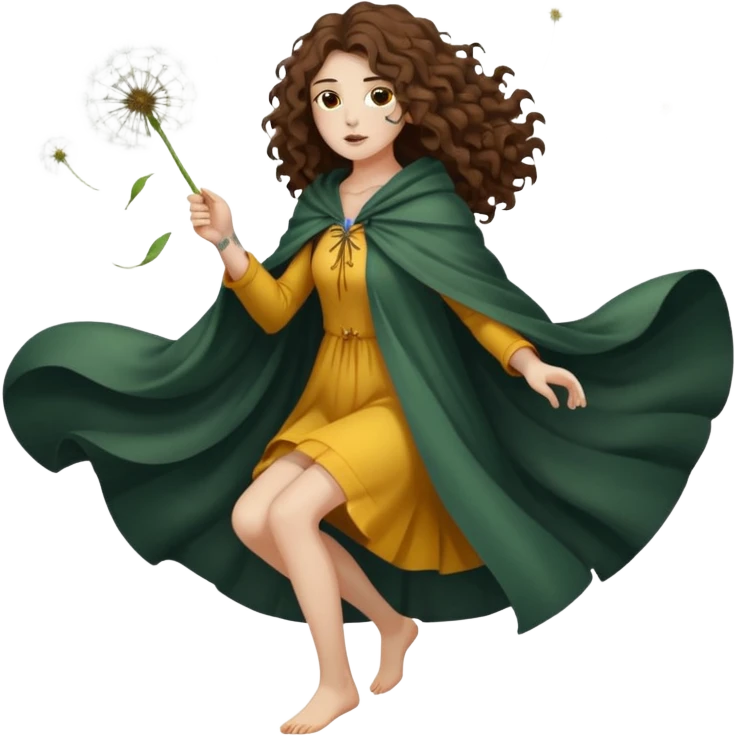 full body woman long curly brown hair brown eyes white skin tattoos dandelion seed cloak blowing apart around her emoji