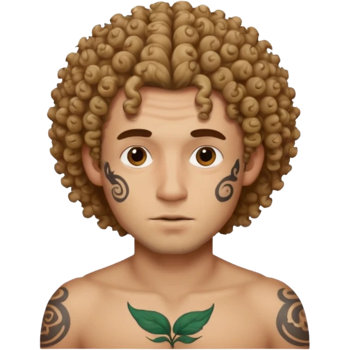 curley hair tattoo male, full on face. emoji