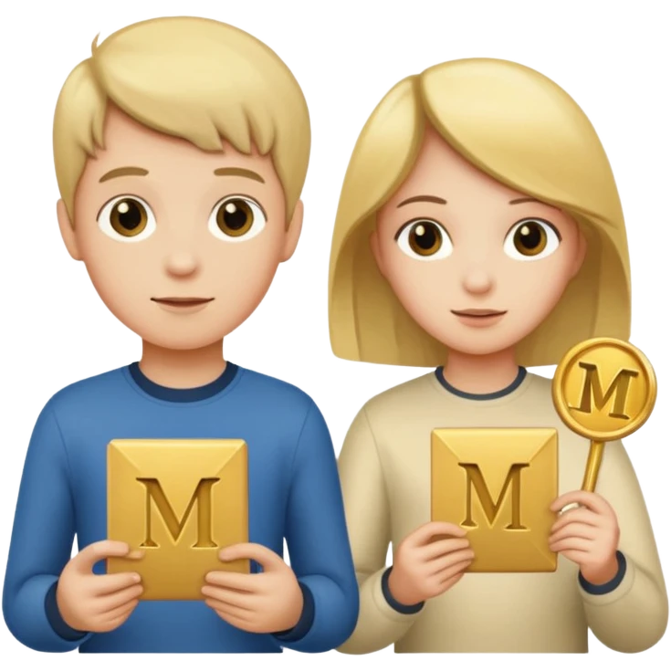 Create two letters, N and Y, in the shape of sisters. Create an image of a boy holding the letter N and a girl holding the letter M  emoji