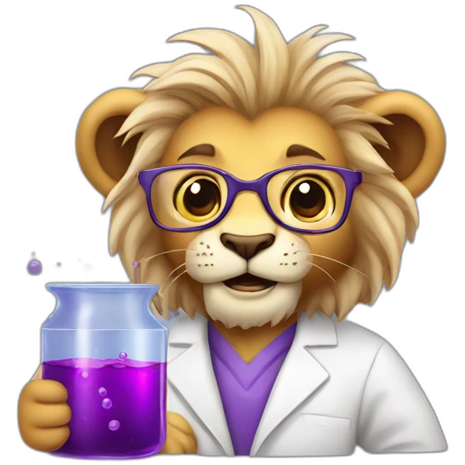 Cute middle aged lion scientist holding a flask of purple liquids emoji
