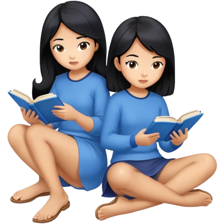 two asian girls black hair sitting reading blue books emoji