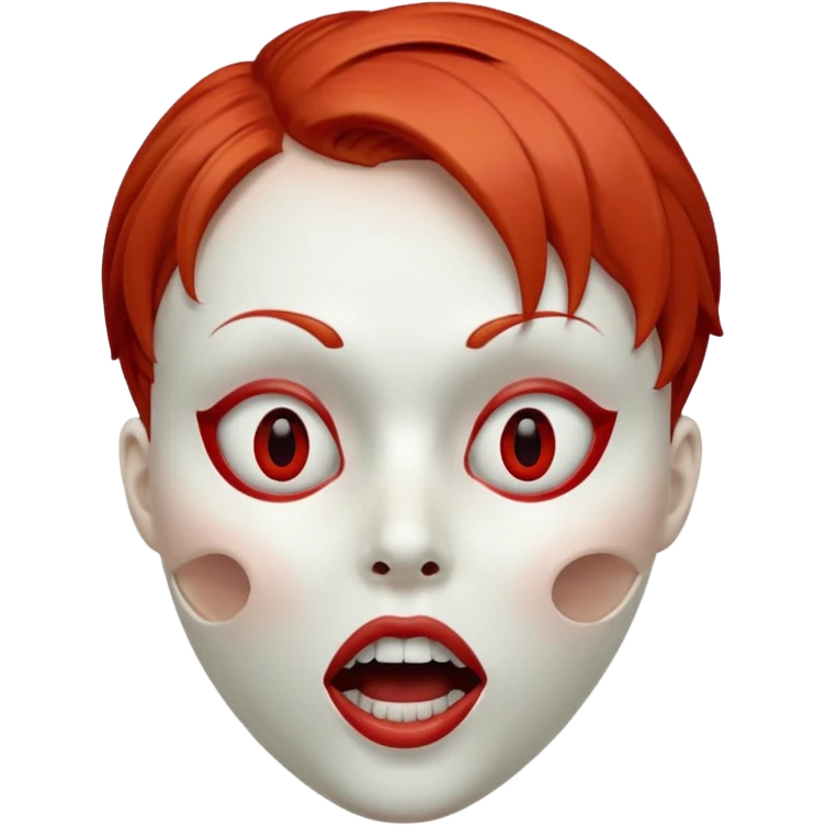 Empty mask resembling a head of a female with short red hair, hollow eye sockets and open mouth emoji