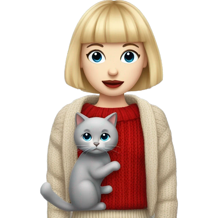 girl with blonde bob hair and bangs (a fringe) with blue eyes, long eyelashes and red lipstick wearing a red cable knit sweater. She must be holding a grey cat emoji