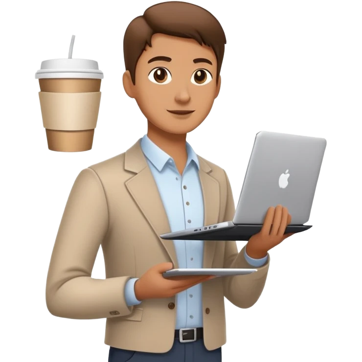 business owner confidently, holding a closed laptop in one hand and a takeaway coffee cup in the other. The character wears casual-smart clothes. emoji