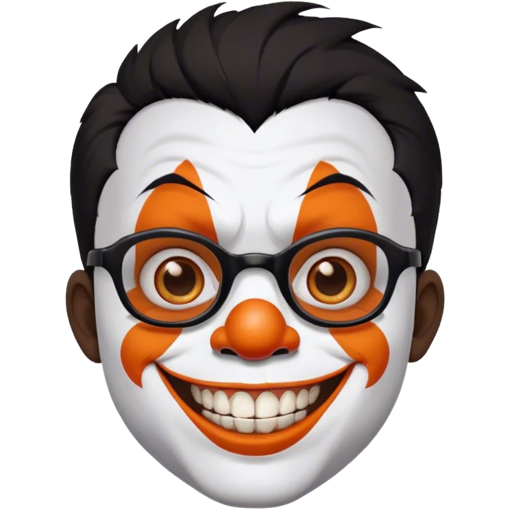 curious boy with black hair and brown eyes. He has a unibrow (one single thick eyebrow, which connects in the middle) and a short beard and is wearing glasses. On his face is white and orange juggalo clown face paint,  and massive grin, showing his broken front teeth emoji