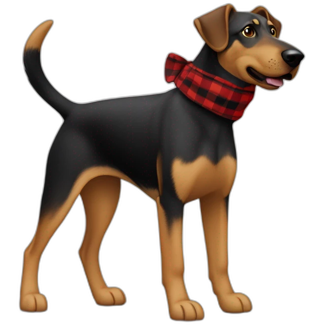 adult 75% Coonhound 25% German Shepherd mix dog with visible tail wearing small pointed red buffalo plaid bandana full body walking left quickly emoji