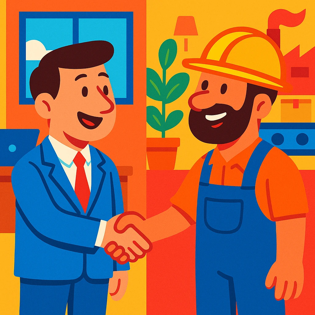cartoon style office worker shaking hands with factory worker, bright colors, positive atmosphere, both smiling emoji