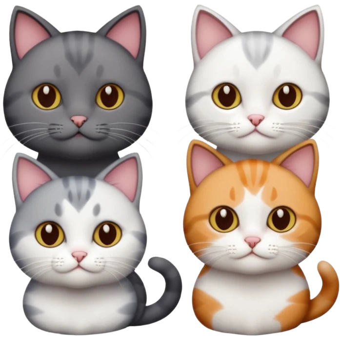 4 different coloured short haired cats including; a dark brown and white cat, and a dark grey and white  emoji