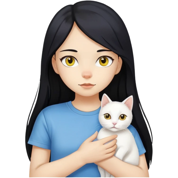 A girl with long black hair, fair-yellow skin, and brown eyes, wearing a white T-shirt, holding a white cat. The cat’s left eye is blue and its right eye is yellow. emoji