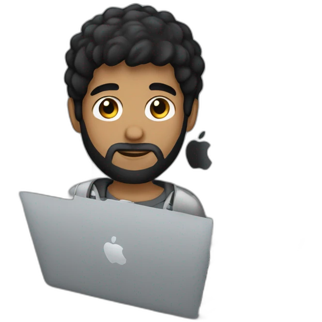 headshot of a black hair boy with black beard using a silver macbook emoji