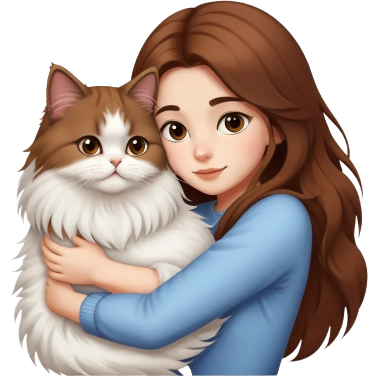 A pretty girl with long brown hair is hugging her Persian cat. emoji