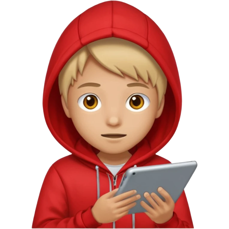 Teen gaming on tablet, red hoodie emoji