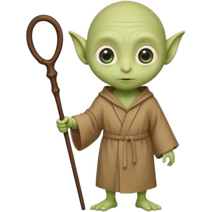cute little green alien with bald wrinkly head, big oval eyes, big ears, short and stout body, wearing a brown robe and holding a short walking stick or cane emoji