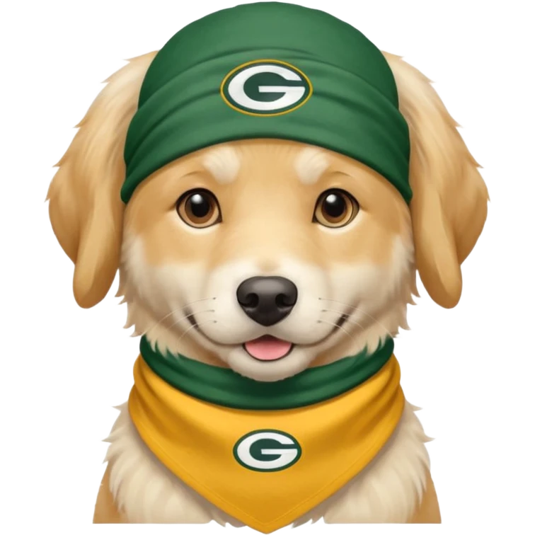 English cream golden retriever wearing a packers bandana around neck  emoji