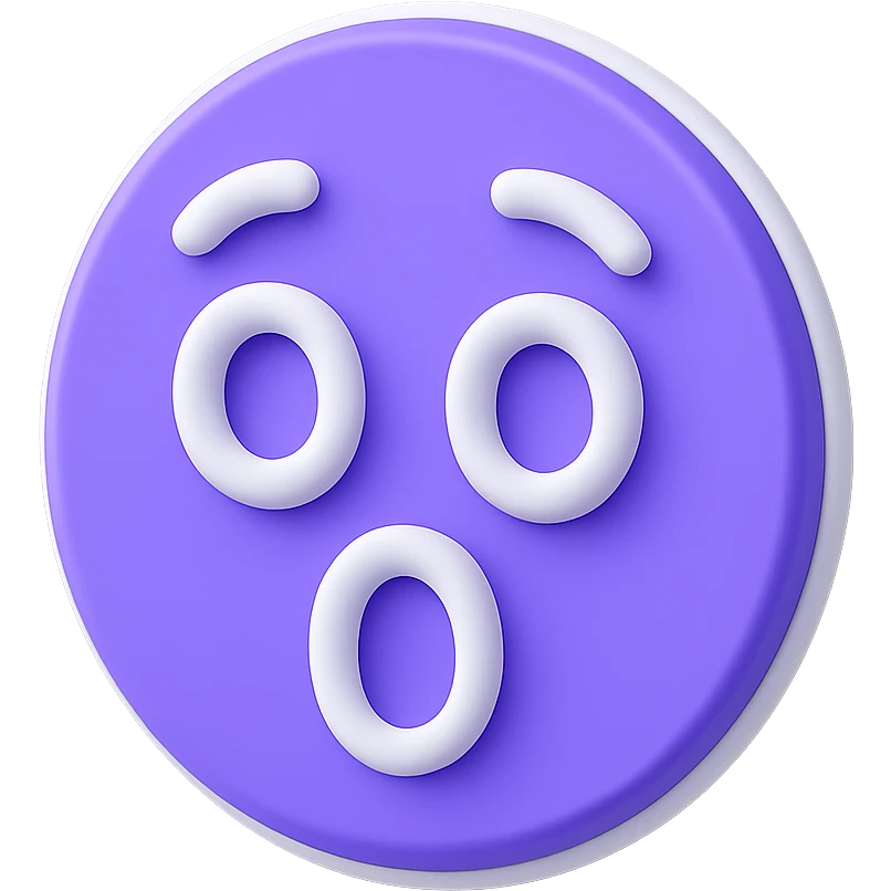 Create a 3D purple sticker with a surprised expression, transparent background. emoji