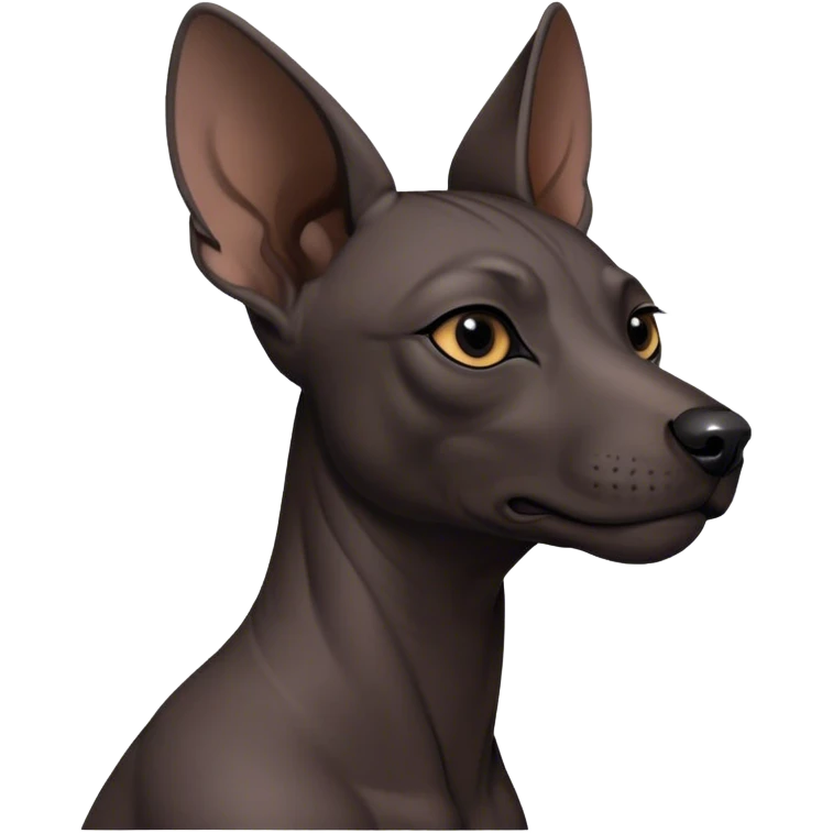 Cinematic Noble Xoloitzcuintle Portrait Emoji, Poised and regal, with a sleek, muscular build and smooth, hairless ebony skin accented by subtle wrinkles, deep-set soulful dark eyes, Simplified yet sharp and sophisticated features, highly detailed, glowing with a soft, dignified glow, high shine, intelligent and loyal, stylized with an air of ancient grace, focused and attentive, soft glowing outline, capturing the essence of a watchful and confident guardian, so majestic it feels as though it could stride out of the screen with effortless authority! emoji