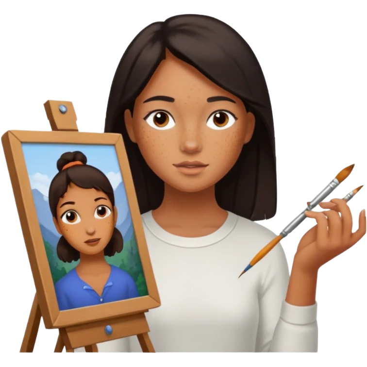 the white artist stands with his back to the painting, painting a portrait of girl emoji