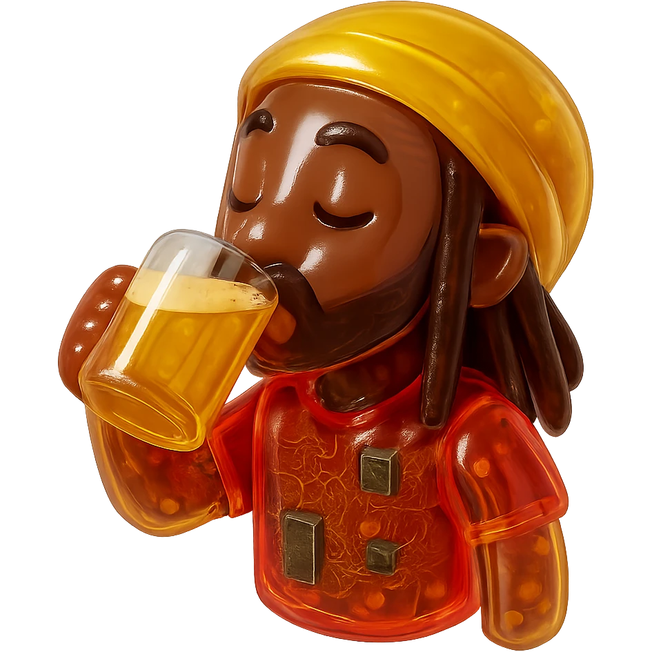 Brownskin man with long brown dreadlocks 
red t-shirt 
yellow turban 
expression is drinking bear emoji