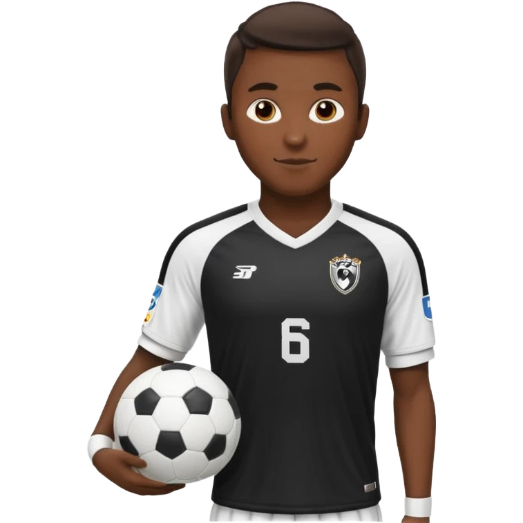 A soccer player wearing a black jersey that has white sleeves and sponsor in white in the middle of the jersey emoji