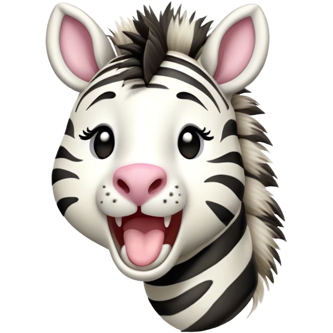Cinematic Cute Yawning Zebra Portrait Emoji, Head tilted slightly with a dramatic, wide-open yawn, showcasing a soft, downy striped Fur with gently drooping ears and round eyes barely open in drowsy contentment, Simplified yet irresistibly adorable features, highly detailed, glowing with a soft, cozy glow, high shine, relaxed yet expressive, stylized with a touch of savannah charm, bright and endearing, soft glowing outline, capturing the essence of a sleepy yet affectionate zebra, so drowsy it feels like it could stretch out of the screen and curl up for a nap! emoji