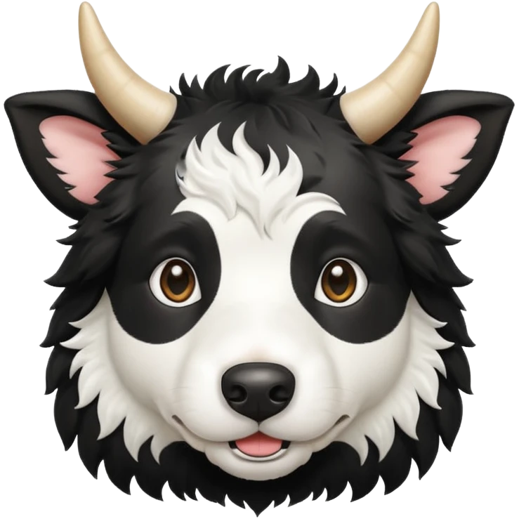 A black and white border collie has a cow's horns. emoji