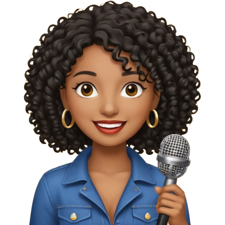 brown skin woman, curly black hair, singer, hold micro emoji