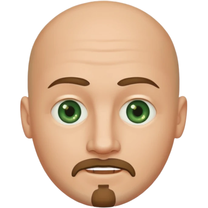 white caucasian bald man's face, with brown  round goatee and dark green eyes, oval face, rounded, big, little eyes a small smile,  emoji