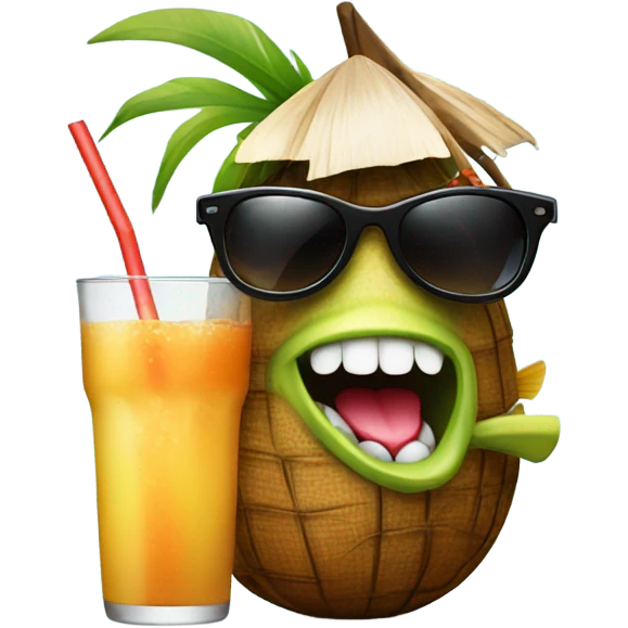 fish drinking a coconut drink with sunglasses on emoji